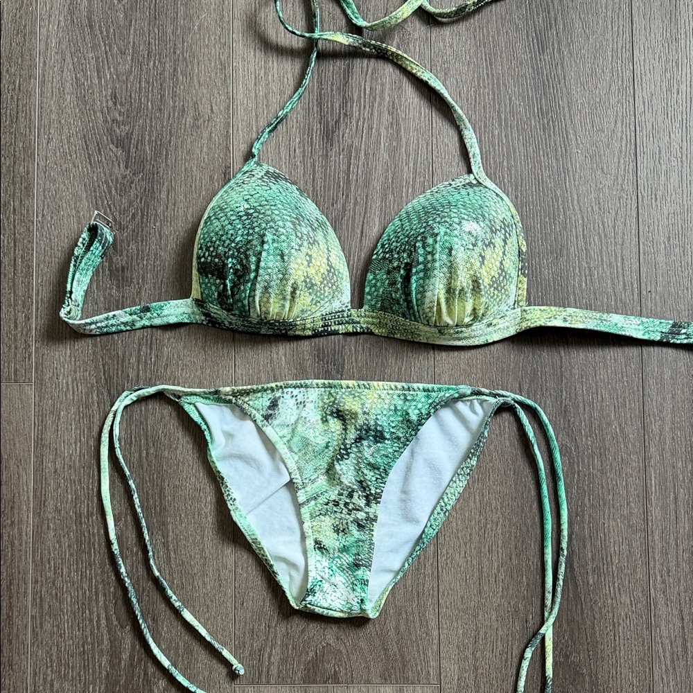 Venus Metallic Shimmer Green Snake Print String Bikini Set M C cup